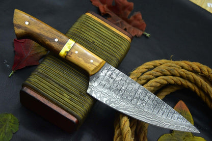 Professional Damascus Steel Knife – Wood Handle & Handcrafted Leather Sheath