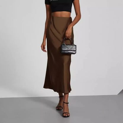 Elegant Satin Midi Skirt, Versatile Solid Color Long Dress, European Style with Bright Light Sensation