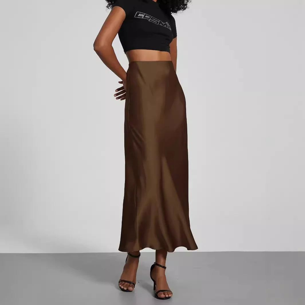 Elegant Satin Midi Skirt, Versatile Solid Color Long Dress, European Style with Bright Light Sensation