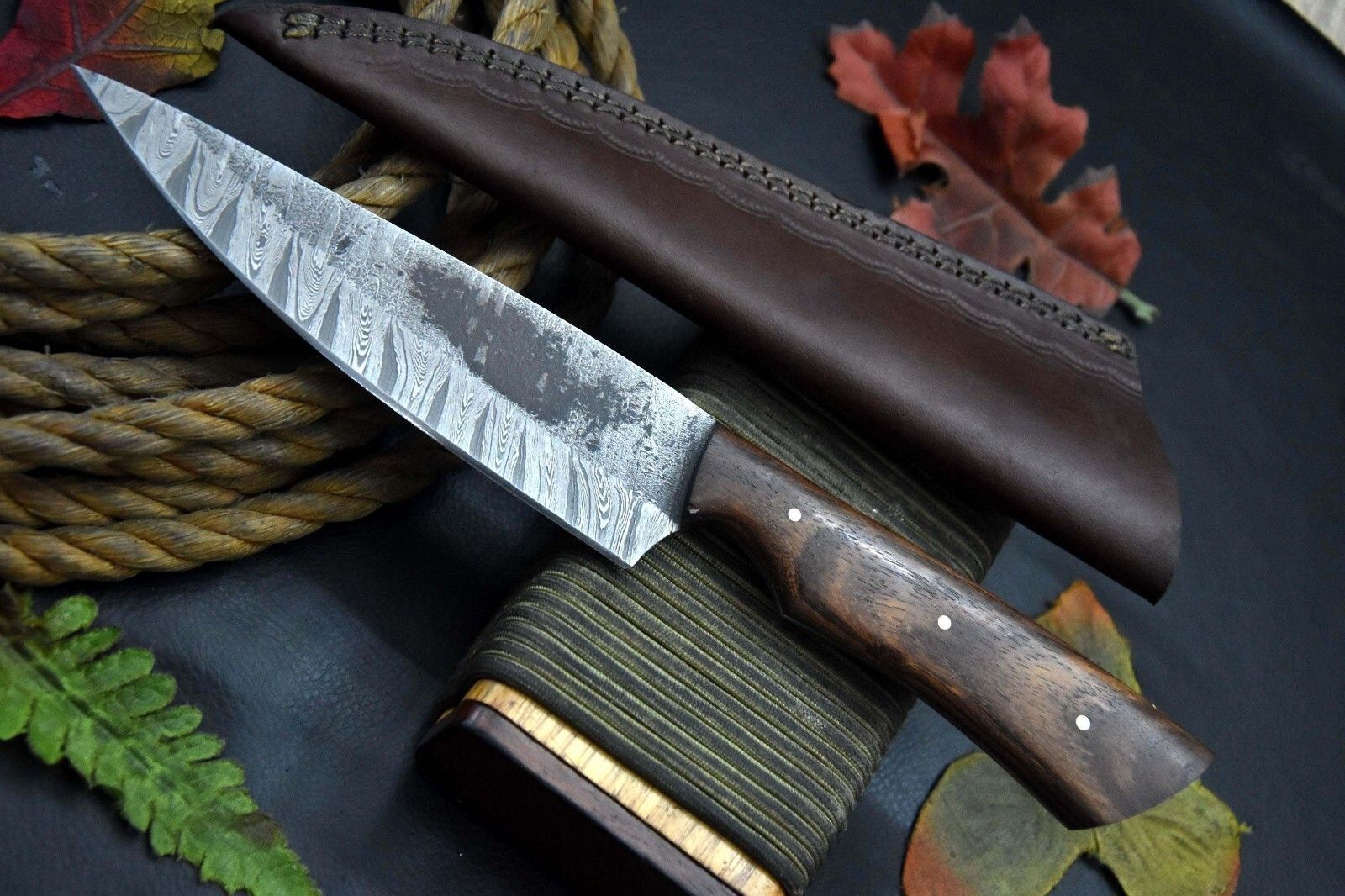 Handmade Damascus Steel Kitchen Knife  Wooden Handle With Leather Sheath 1