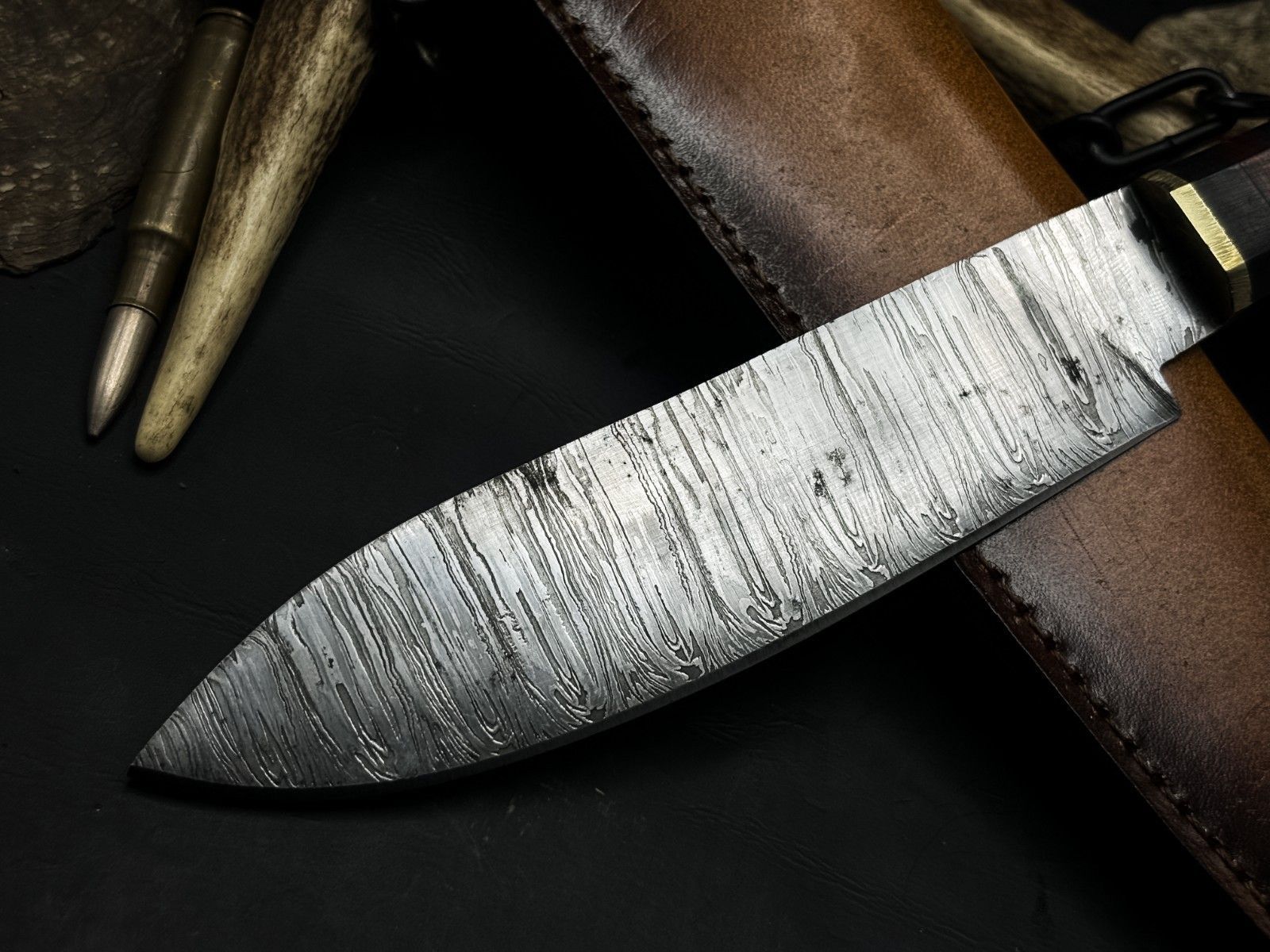 Damascus Steel Kitchen Knife With Hardwood Handle  Cowhide Leather Sheath 1