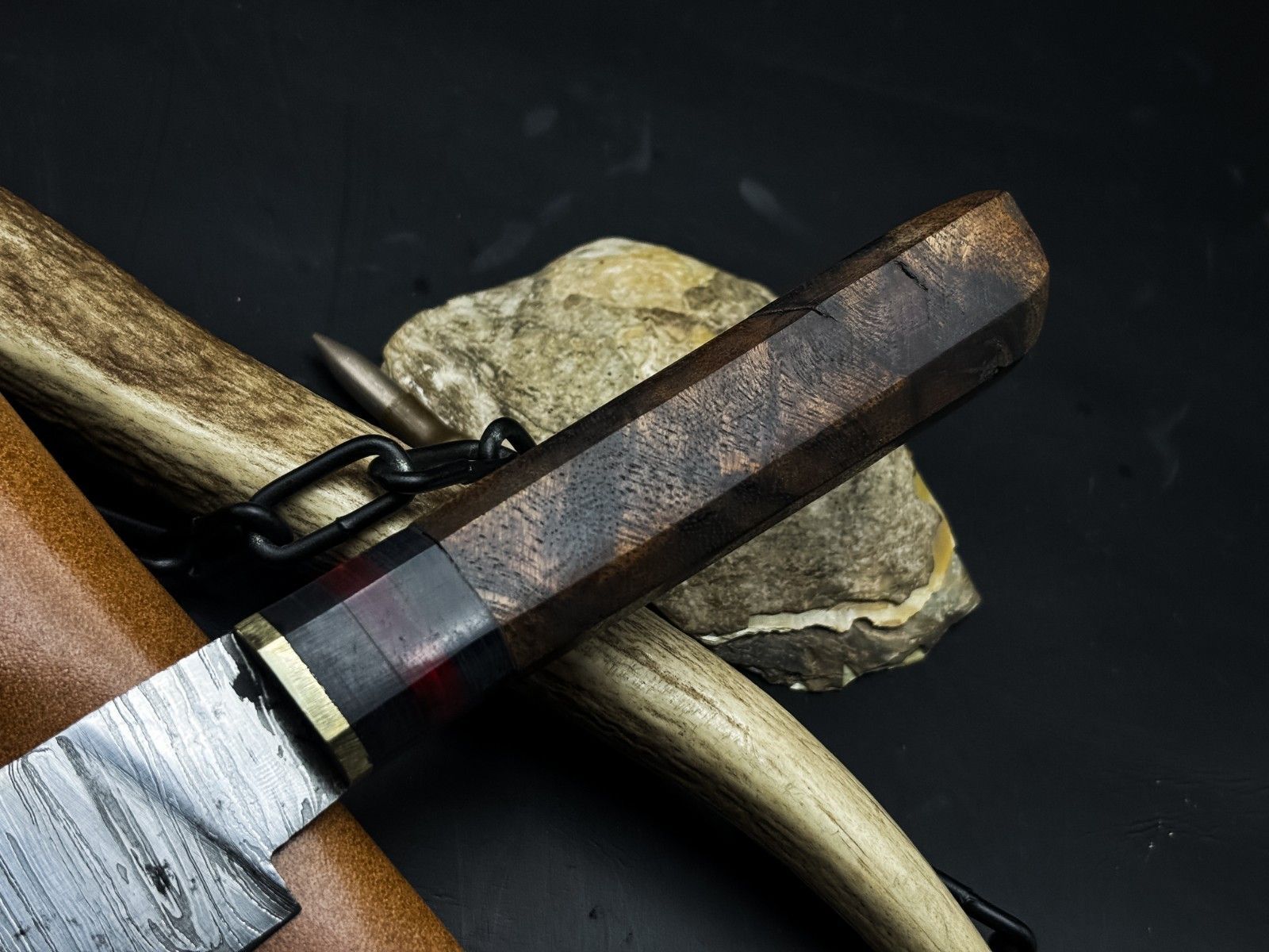 Damascus Steel Kitchen Knife With Hardwood Handle  Cowhide Leather Sheath 2