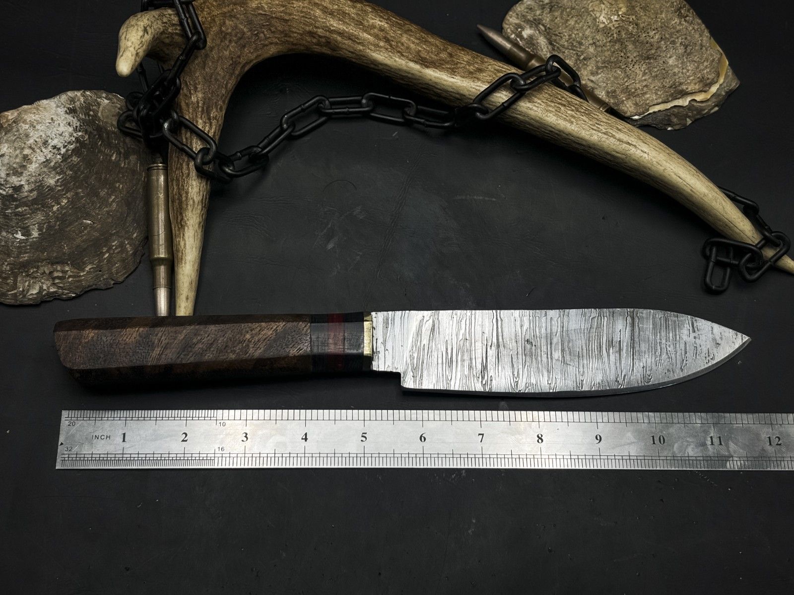 Damascus Steel Kitchen Knife With Hardwood Handle  Cowhide Leather Sheath 3