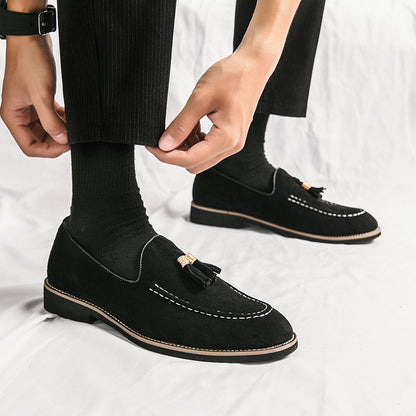 Designer Mens Moccasins, Fashion Brand Men's Suede Tassel Leather Slip-on Shoes, Retro Pointed Banquet Social Driving
