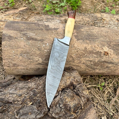 Damascus Steel Chef Knife  Handmade With Bone Handle And Leather Sheath 1