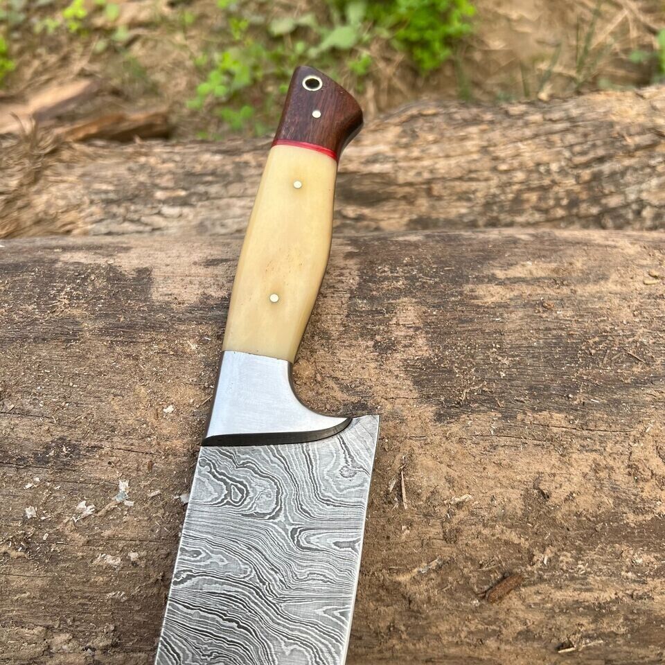 Damascus Steel Chef Knife  Handmade With Bone Handle And Leather Sheath 2