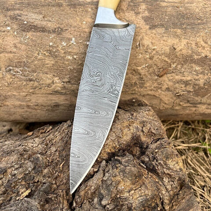 Damascus Steel Chef Knife  Handmade With Bone Handle And Leather Sheath 3