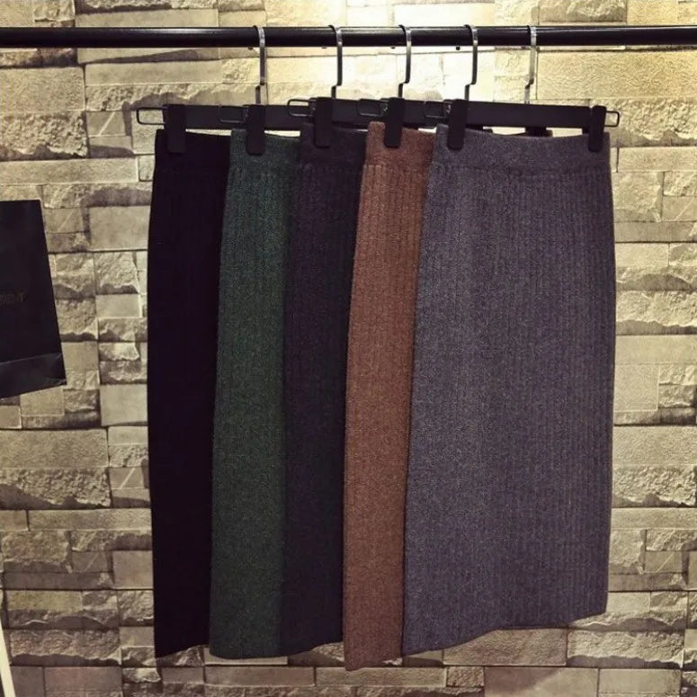 Autumn Winter Knit Dress, Medium Length High Waisted Bodycon Skirt, with Fashion Side Slit, Thickened Yarn
