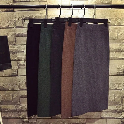 Autumn Winter Knit Dress, Medium Length High Waisted Bodycon Skirt, with Fashion Side Slit, Thickened Yarn