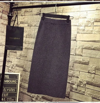 Autumn Winter Knit Dress, Medium Length High Waisted Bodycon Skirt, with Fashion Side Slit, Thickened Yarn