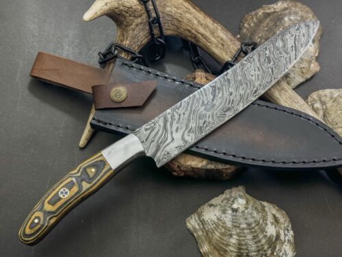 Authentic Handmade Damascus Steel Knife  Wooden Handle With Cow Leather Case 1