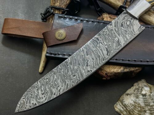 Authentic Handmade Damascus Steel Knife  Wooden Handle With Cow Leather Case 3