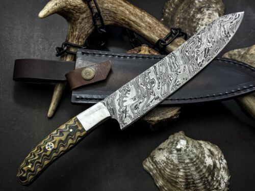 Rustic Damascus Steel Chef Knife With Wood Handle  HandStitched Leather Sheath 3