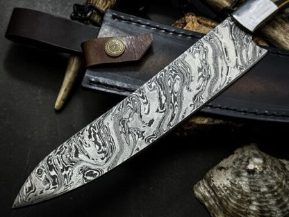 Rustic Damascus Steel Chef Knife With Wood Handle  HandStitched Leather Sheath 2