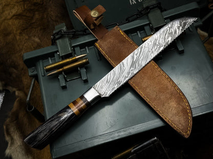 Traditional Handmade Damascus Steel Knife  Wood Handle With Cowhide Sheath 3