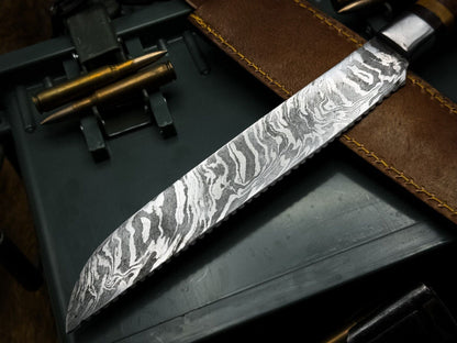 Traditional Handmade Damascus Steel Knife  Wood Handle With Cowhide Sheath 2