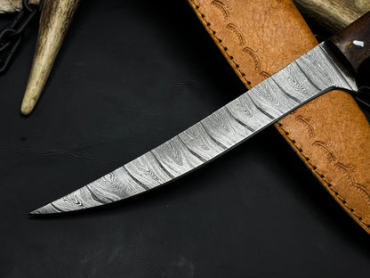 Custom Damascus Steel Knife With Hardwood Handle  Leather Sheath 1