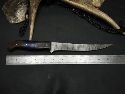 Custom Damascus Steel Knife With Hardwood Handle  Leather Sheath 3