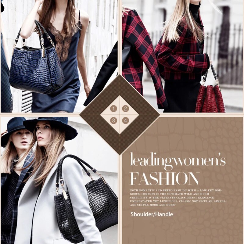 Large Capacity Womens Bag Crocodile Print Shoulder Tote Bright Face Handbag For Shopping And Work 2