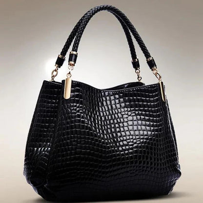 Large Capacity Women's Bag, Crocodile Print Shoulder Tote, Bright Face Handbag for Shopping and Work