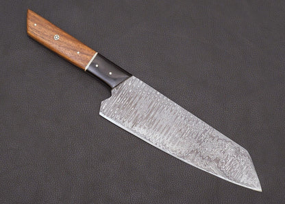 Elegant Handmade Damascus Kitchen Knife With Wood Handle  Leather Case 1