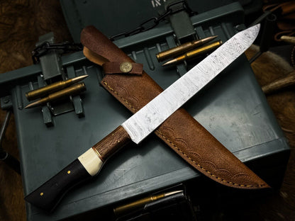 Full Tang Damascus Chef Knife With Wood Handle  Cowhide Storage Sheath 1