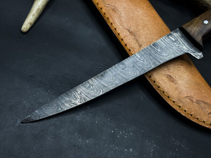 Handmade Damascus Steel Kitchen Knife  Wood Handle With Leather Sheath 1