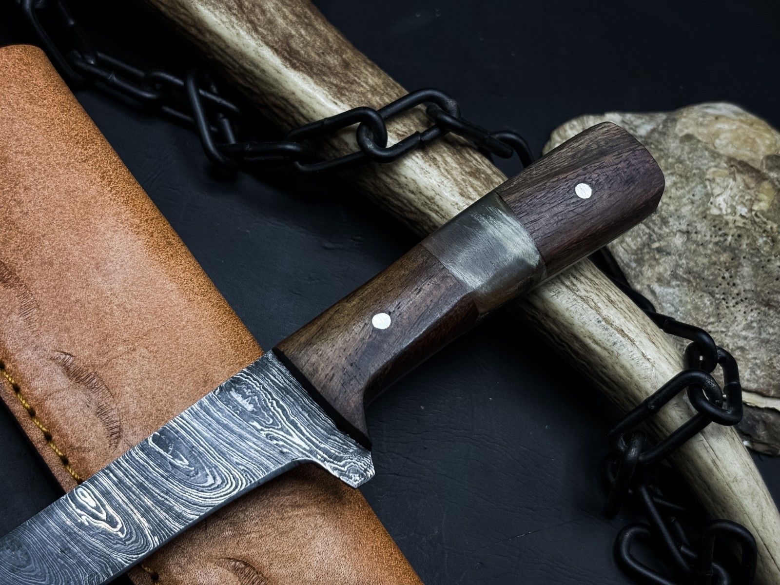 Handmade Damascus Steel Kitchen Knife  Wood Handle With Leather Sheath 2