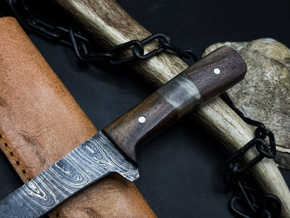 Handmade Damascus Steel Kitchen Knife  Wood Handle With Leather Sheath 2