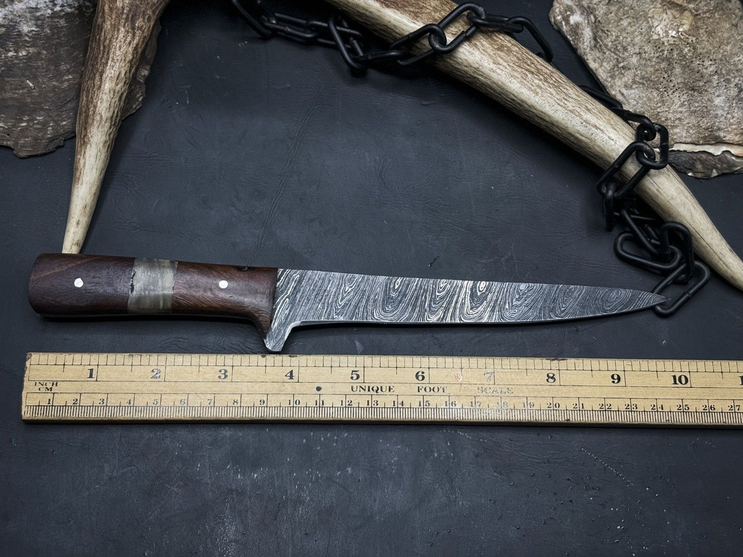 Handmade Damascus Steel Kitchen Knife  Wood Handle With Leather Sheath 3