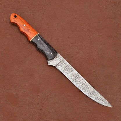 Artisan Damascus Steel Hunting Knife  Polished Wood Handle  Sheath 1