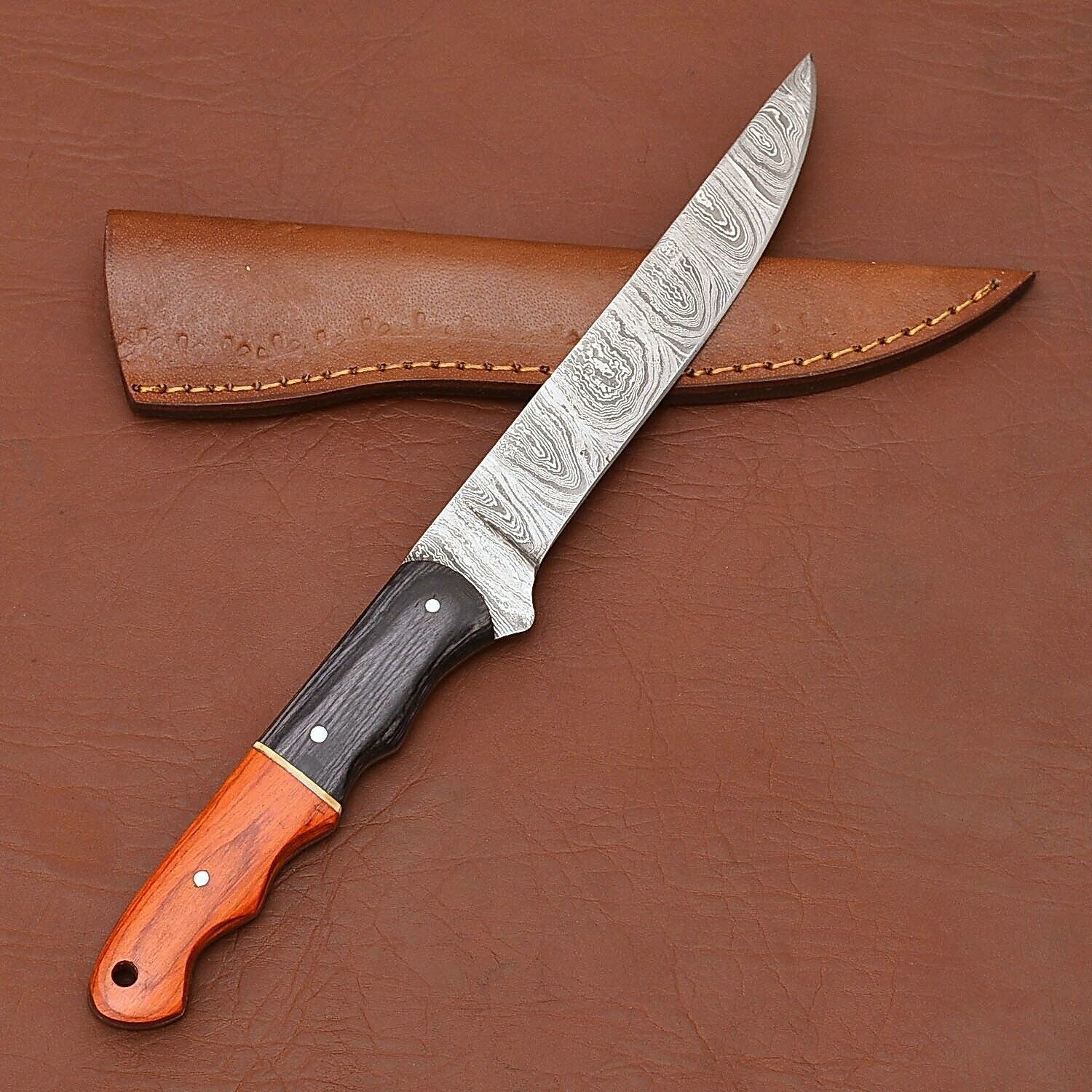 Artisan Damascus Steel Hunting Knife  Polished Wood Handle  Sheath 3