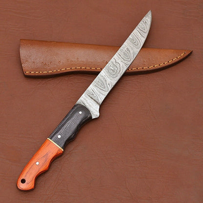 Artisan Damascus Steel Hunting Knife  Polished Wood Handle  Sheath 3