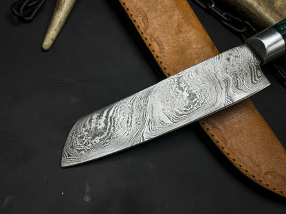 Handmade Damascus Steel Hunting  Kitchen Chef Knife With Resin Handle And Leather Sheath 2