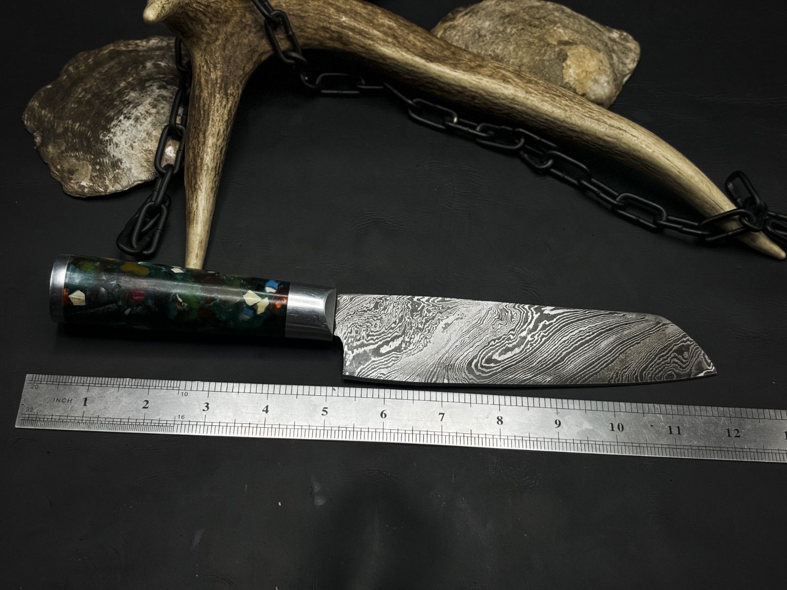 Handmade Damascus Steel Hunting  Kitchen Chef Knife With Resin Handle And Leather Sheath 4