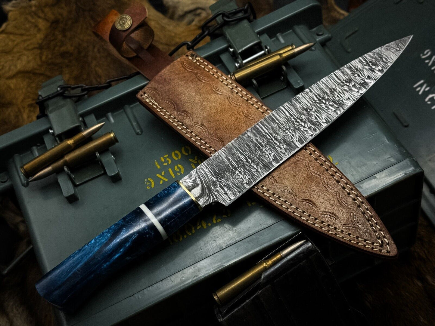Handmade Damascus Steel Chef Knife With Resin Handle  Leather Sheath 3
