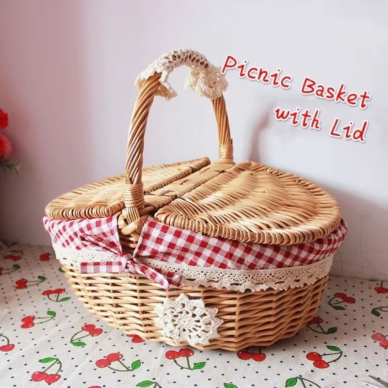 Simple Wicker Picnic And Storage Basket With Lid  Cute Handwoven Carry Basket For Home Food And Fru 1