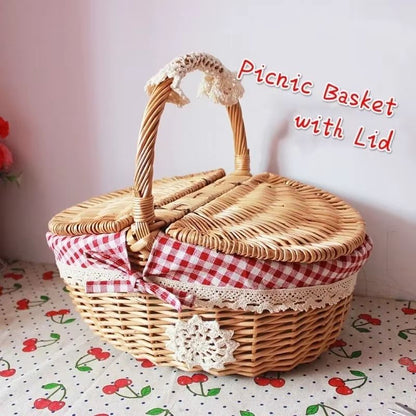 Simple Wicker Picnic And Storage Basket With Lid  Cute Handwoven Carry Basket For Home Food And Fru 1