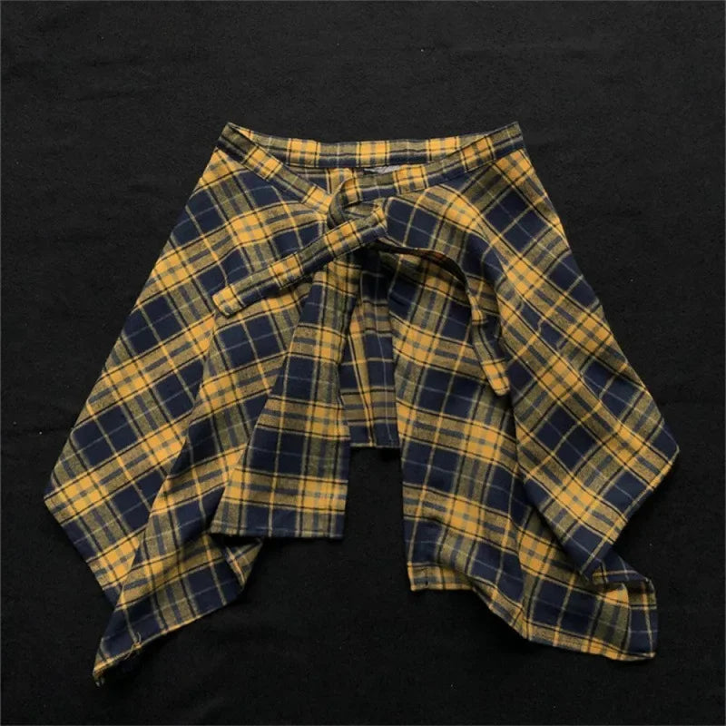 Belted Asymmetrical Skirt, Colorful Yellow Plaid One Piece, Aesthetic Tool and Butt Curtain for Universal Wear