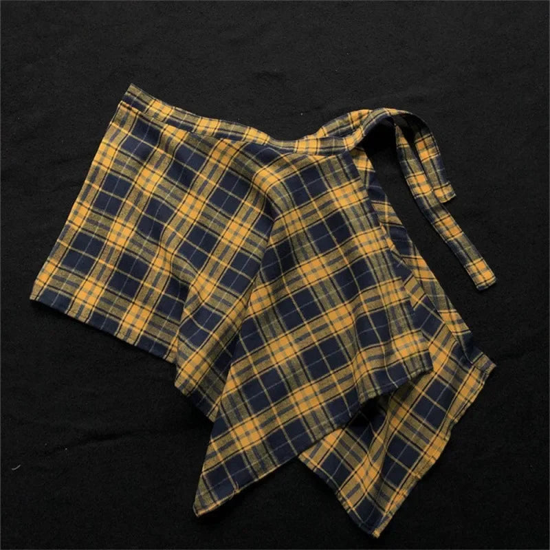 Belted Asymmetrical Skirt, Colorful Yellow Plaid One Piece, Aesthetic Tool and Butt Curtain for Universal Wear