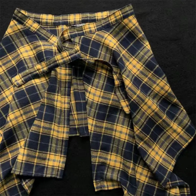 Belted Asymmetrical Skirt, Colorful Yellow Plaid One Piece, Aesthetic Tool and Butt Curtain for Universal Wear