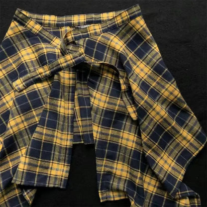 Belted Asymmetrical Skirt, Colorful Yellow Plaid One Piece, Aesthetic Tool and Butt Curtain for Universal Wear