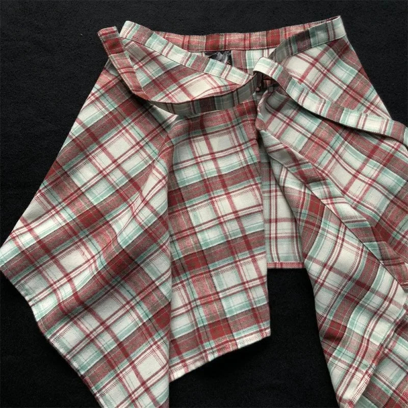 Belted Asymmetrical Skirt, Colorful Yellow Plaid One Piece, Aesthetic Tool and Butt Curtain for Universal Wear