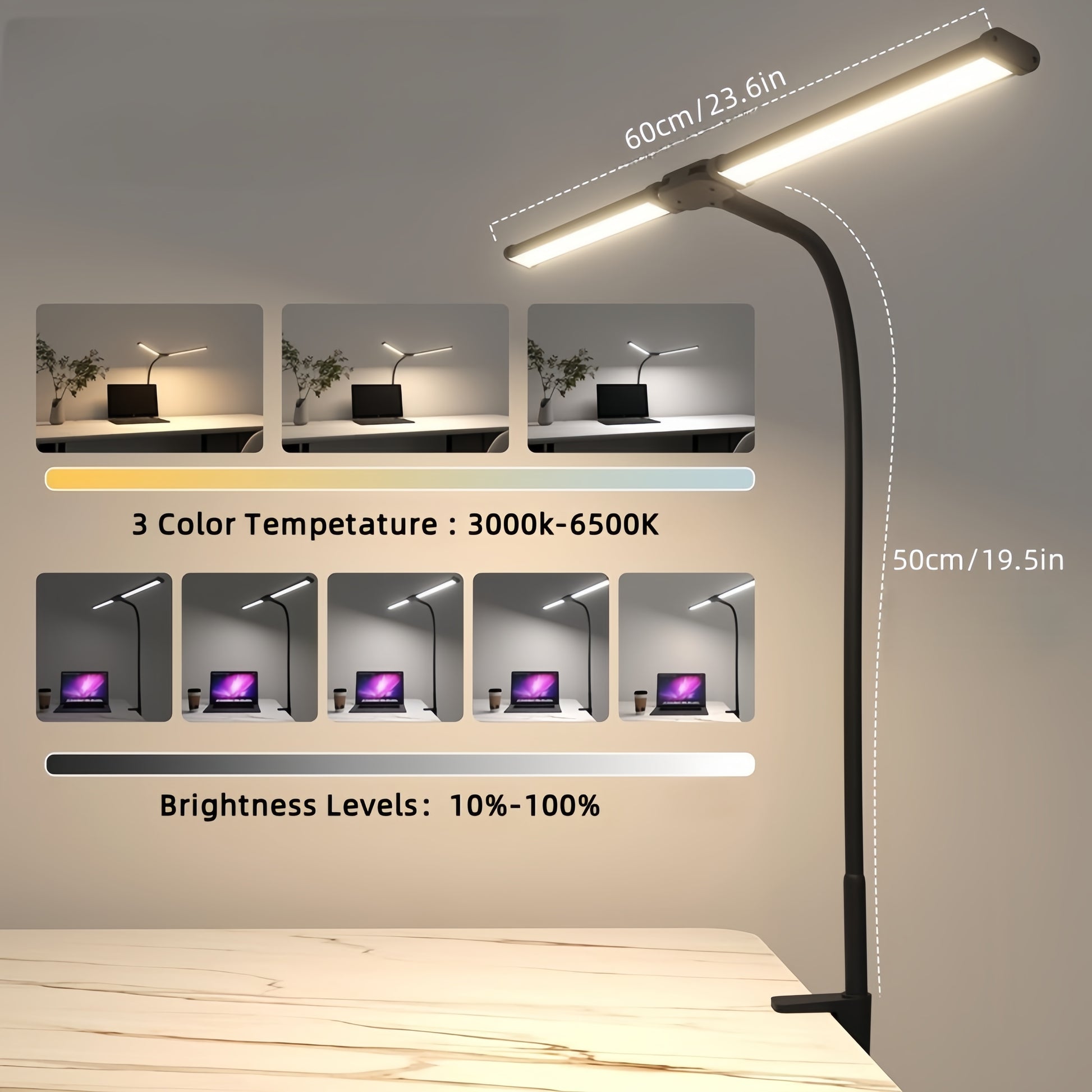 Dimmable Architect Desk Lamp, Dual Head LED Clip On Light, Flexible Monitor Light for Office, Computer, and Reading