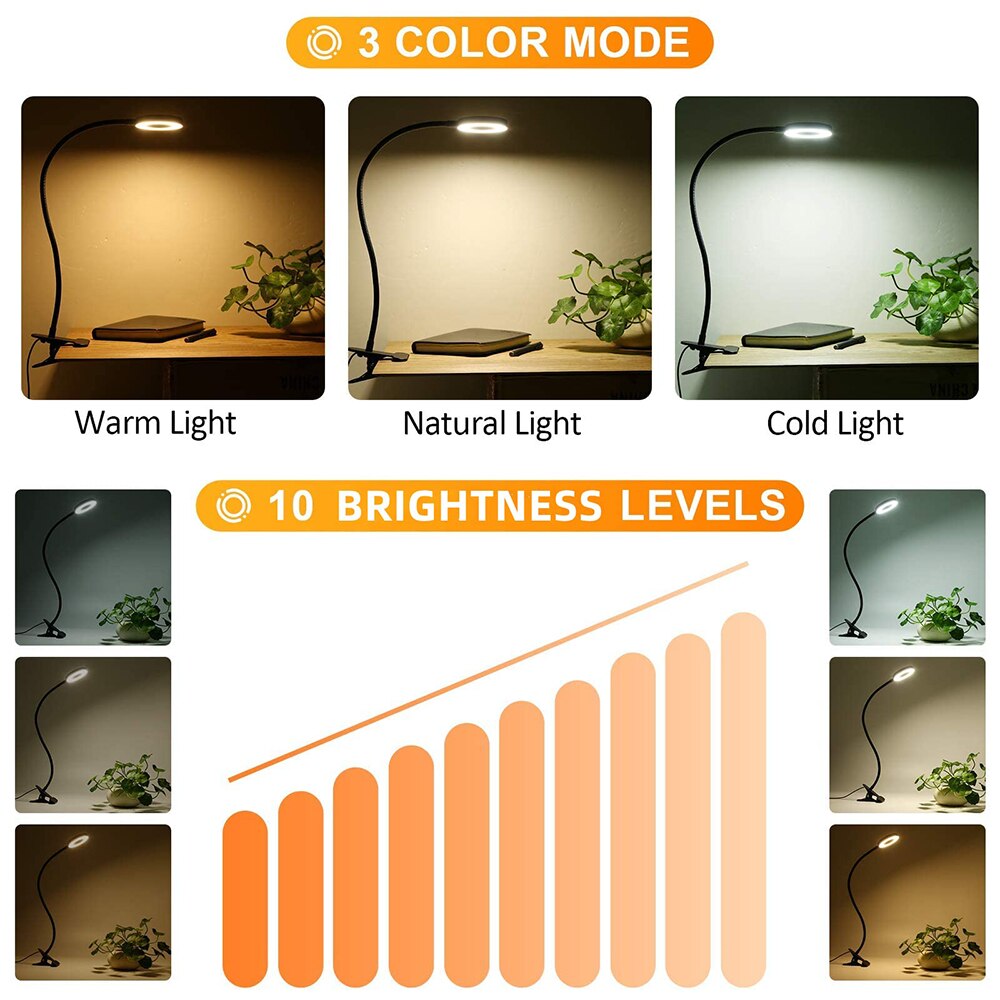 USB Book Light, LED Desk Clip Lamp, 360 Flexible Gooseneck, Brightness Adjustable Reading Table Light