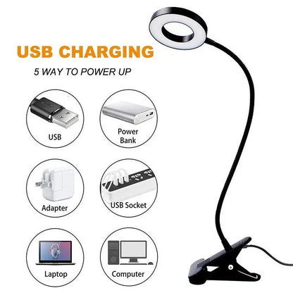 USB Book Light, LED Desk Clip Lamp, 360 Flexible Gooseneck, Brightness Adjustable Reading Table Light
