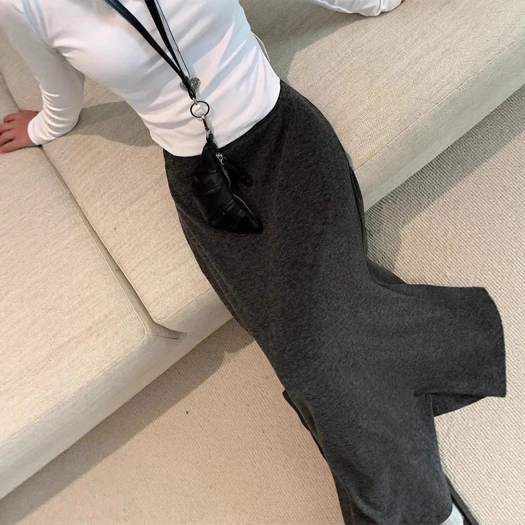 Spring Summer Casual Skirt, Laid Back Grey Elastic Waist, Slimming Long Skirt with Simple Drape Fish Tail