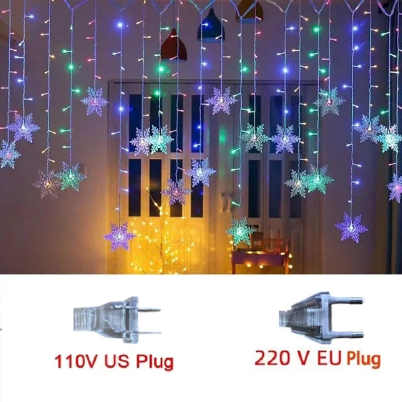 Christmas Snowflakes String Lights, Flashing Fairy Curtain, Outdoor Holiday Party Garland, New Year Decoration