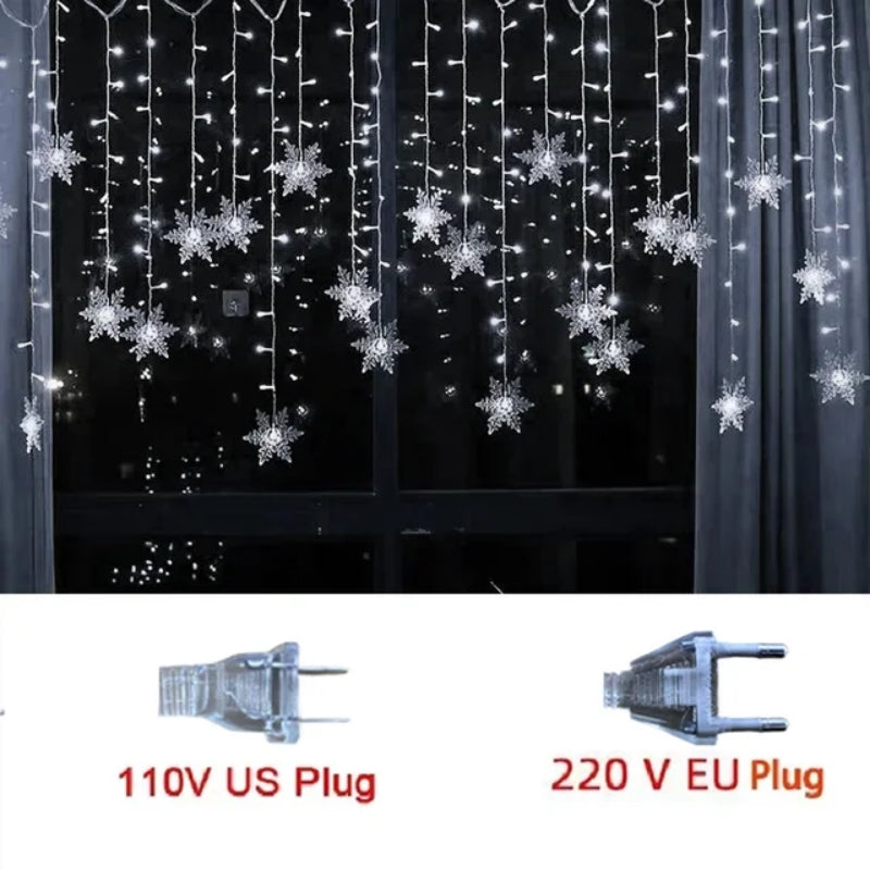 Christmas Snowflakes String Lights, Flashing Fairy Curtain, Outdoor Holiday Party Garland, New Year Decoration