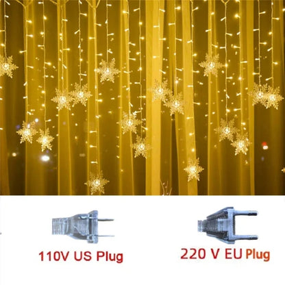 Christmas Snowflakes String Lights, Flashing Fairy Curtain, Outdoor Holiday Party Garland, New Year Decoration